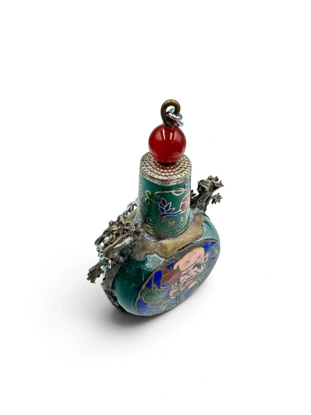 Vintage Malaysia Cloisonné Snuff Bottle Double Dragon Figural 4”